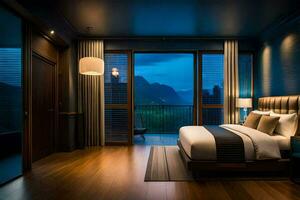 a bedroom with a view of mountains at night. AI-Generated photo