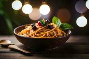 spaghetti in a bowl with olive and tomato. AI-Generated photo