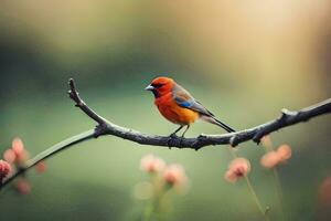 a small orange bird is sitting on a branch. AI-Generated photo