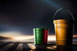two buckets on a wooden deck with a dark sky. AI-Generated photo