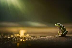 a frog sitting on the ground in the dark. AI-Generated photo