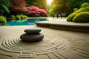 a stone garden with a pool and a rock garden. AI-Generated photo
