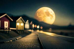 a full moon is seen over a train track with houses. AI-Generated photo