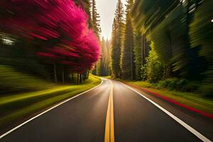 un borroso imagen de un la carretera con arboles y rosado arboles generado por ai foto