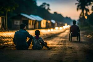 a man and a child sit on the road at dusk. AI-Generated photo