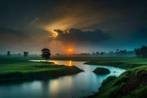 un río y un campo a puesta de sol. generado por ai foto