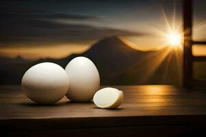 three eggs sit on a table with a mountain in the background. AI-Generated photo