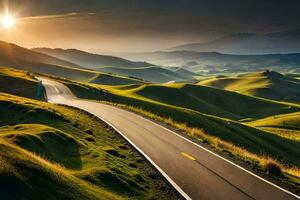 el la carretera a el puesta de sol. generado por ai foto