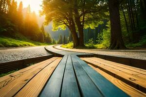 a wooden walkway in the middle of a forest. AI-Generated photo