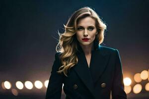 a beautiful woman in a black coat and red lipstick. AI-Generated photo