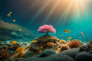 photo wallpaper the sea, coral, tree, sun, coral, tree, underwater, underwater,. AI-Generated