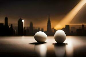 two eggs are sitting on a table in front of a city. AI-Generated photo