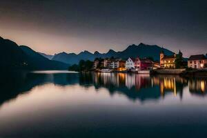 un pueblo en el lago a oscuridad con montañas en el antecedentes. generado por ai foto