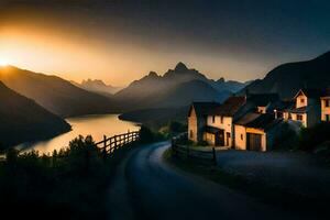 photo wallpaper the sky, mountains, road, house, lake, sunset, road, road,. AI-Generated
