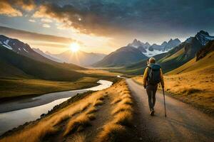 a person walking on a path in the mountains. AI-Generated photo