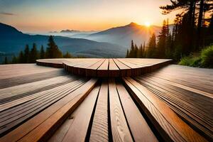 a wooden deck overlooking the mountains at sunset. AI-Generated photo