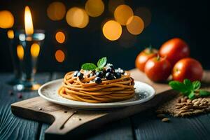 espaguetis con Tomates y albahaca en un lámina. generado por ai foto