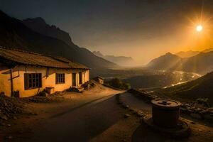 foto fondo de pantalla el cielo, montañas, amanecer, el sol, el montañas, el aldea, el. generado por ai