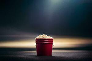 a red bucket filled with popcorn on a dark surface. AI-Generated photo