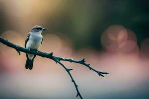 a bird sits on a branch in front of a blurry background. AI-Generated photo