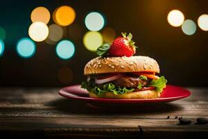 a hamburger with strawberries and cheese on a plate. AI-Generated photo