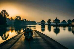 un barco es sentado en el agua a puesta de sol. generado por ai foto