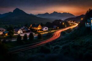 foto fondo de pantalla el cielo, montañas, camino, casas, el camino, el camino, el la carretera. generado por ai