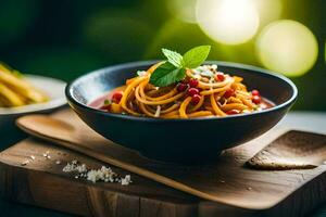 spaghetti with pomegranate and basil on a wooden board. AI-Generated photo