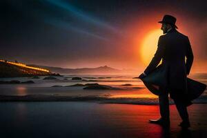 un hombre en un parte superior sombrero y Saco en pie en el playa a puesta de sol. generado por ai foto