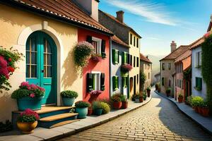 colorful houses on a cobblestone street with potted plants. AI-Generated photo