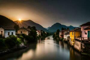 photo wallpaper the sky, water, mountains, river, houses, the sun, the mountains,. AI-Generated