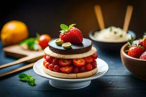 a stack of cakes with strawberries and chocolate. AI-Generated photo