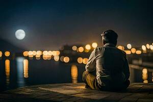 a man sitting on the edge of a dock at night with the moon in the background. AI-Generated photo