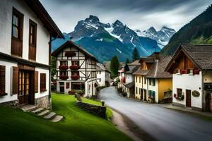 photo wallpaper the sky, mountains, road, houses, mountains, alps, switzerland,. AI-Generated