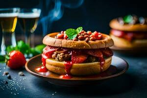 a hamburger with strawberries and meat on a plate. AI-Generated photo