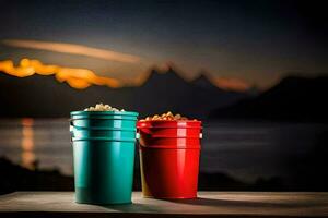 two buckets of popcorn sitting on a table with a sunset in the background. AI-Generated photo