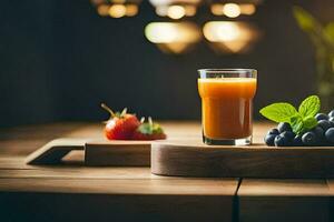 un vaso de jugo y bayas en un de madera mesa. generado por ai foto