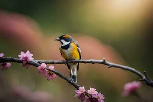 a bird sits on a branch with pink flowers. AI-Generated photo