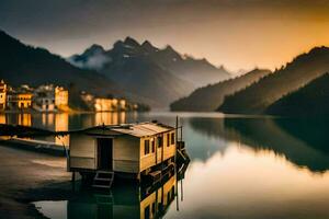 a small house sits on the shore of a lake. AI-Generated photo