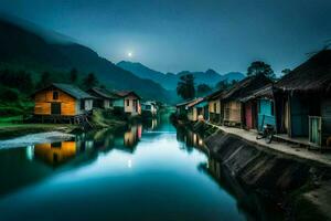 foto fondo de pantalla el cielo, luna, agua, montañas, río, casas, aldea, vietnamita. generado por ai