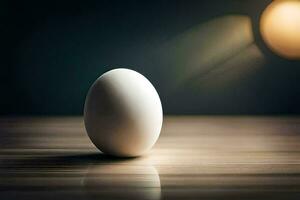 un huevo sentado en un mesa en frente de un ligero. generado por ai foto