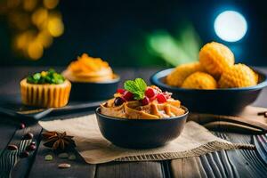 un cuenco de comida con un taza de café y un plato de alimento. generado por ai foto