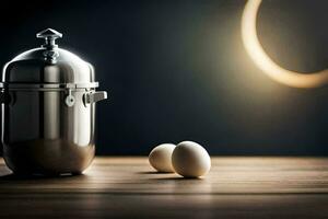 an egg and a coffee maker sit on a table. AI-Generated photo