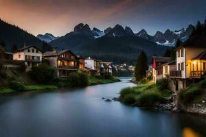 foto fondo de pantalla el cielo, montañas, río, casas, el cielo, el montañas, el río. generado por ai