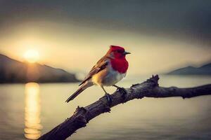 a red bird sitting on a branch near the water. AI-Generated photo