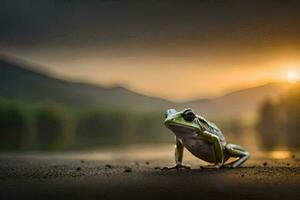 a frog sitting on the ground at sunset. AI-Generated photo
