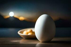 an egg sits on a table with a bowl of peanuts. AI-Generated photo