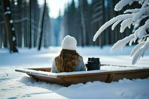 a woman sitting in a wooden box in the snow. AI-Generated photo