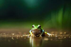 a frog sitting on the ground in the rain. AI-Generated photo