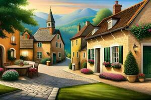 a painting of a village street with flowers and trees. AI-Generated photo